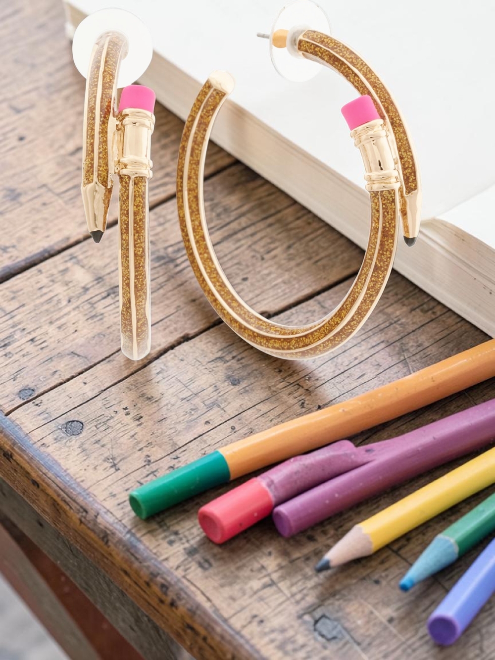 NEW Betsey Johnson Gold Glitter Pencil Hoop Earrings with Pink Eraser Detail NWT - Picture 4 of 5